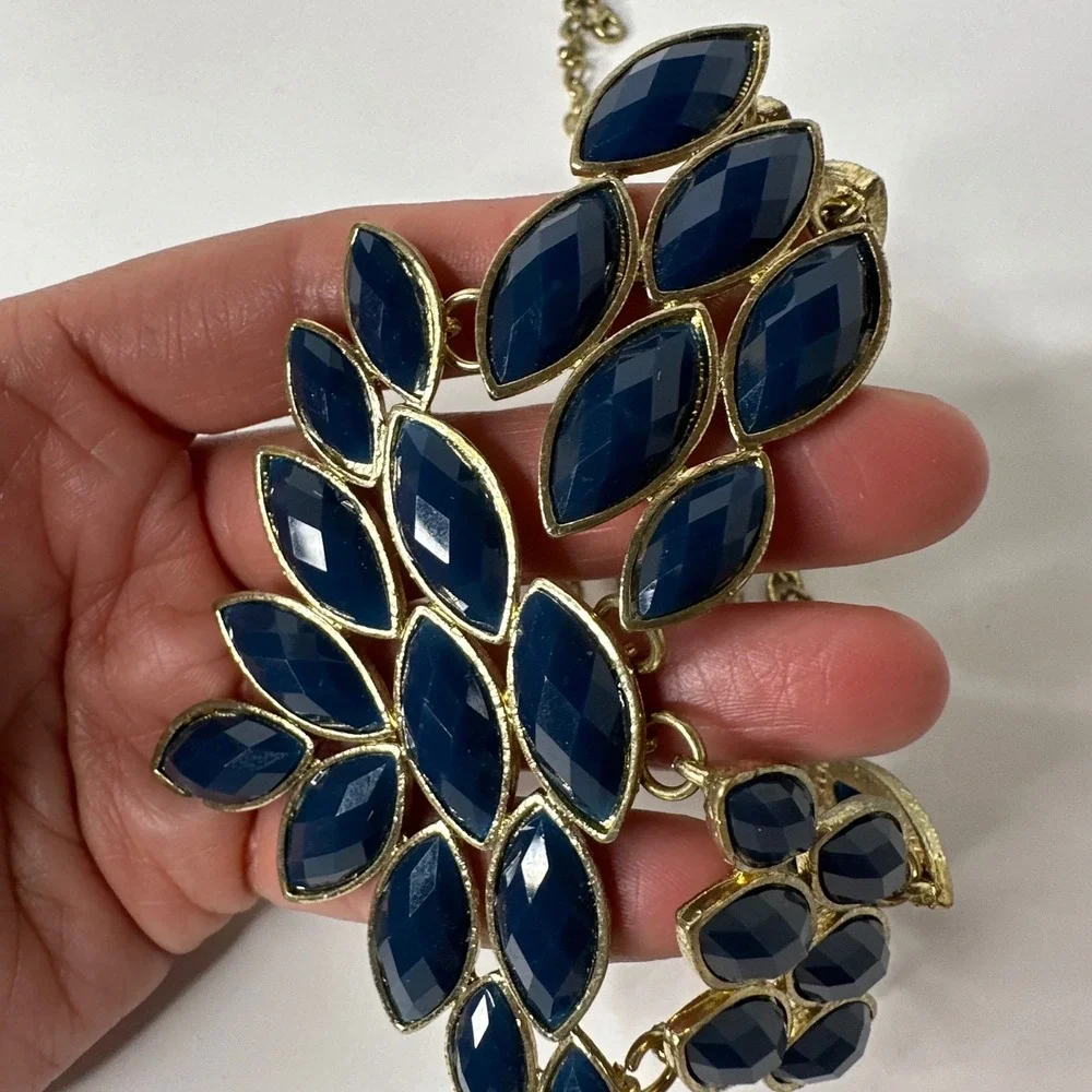Navy Blue Marquise Rhinestone Bib Necklace Gold Tone Statement Adjustable‎ Chain